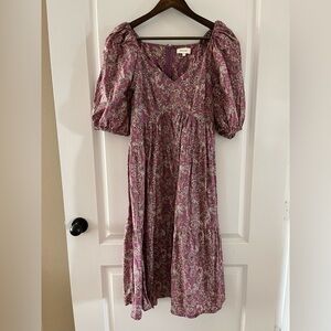 Bohme Mauve Floral Midi Puff Sleeve Dress